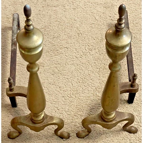 Vintage Brass & Cast Iron Andirons Fireplace Fire Dogs Finial 22.5" Tall