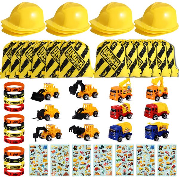 Sratte 55 Pieces Construction Vehicle Birthday Party Favors Supplies Set, Construction Theme Hats Goodie Bags Stickers Bracelets and Truck Toys Bulk for Kids Award Party Supplies