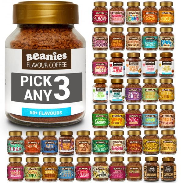 Beanies Flavoured Instant Coffee PICK ANY 3 Jars (50g) from 50+ Flavours (Blends, Barista, Decaf) Inc. Turkish Delight, Chocolate Orange, Chai Latte, Cookie Dough, Hazelnut, Caramel, Vanilla and More!