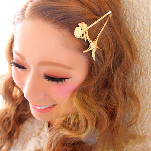 Aneneiceera Boho Starfish Hair Clip Barrette Golden Shell Hair Pin Retro Hair Clip Word Clip Hair Bobby Pins Decorative Daily Wear Hair Clips Wedding Hair Accessories for Women and 2 Pieces