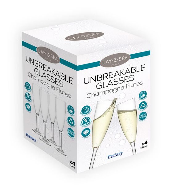 Lay-Z-Spa BWA0008 Premium Plastic Champagne Flutes,187ml, (Set of 4), Virtually Unbreakable Ultra Clear Glasses, Reusable & Dishwasher Safe, Ideal for Hot Tubs, Pools, Camping & Picnics, Transparent