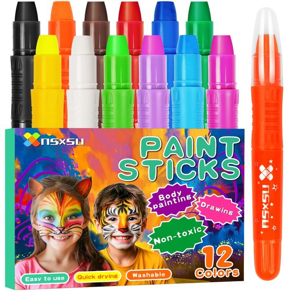 nsxsu 12 Colours Halloween Face Paint for Kids, Washable Paint Sticks for Toddlers, Quick Drying Body Paint for Birthday Makeup Party Supplies, Mess Free Kids Girls Boys Face Painting Kits