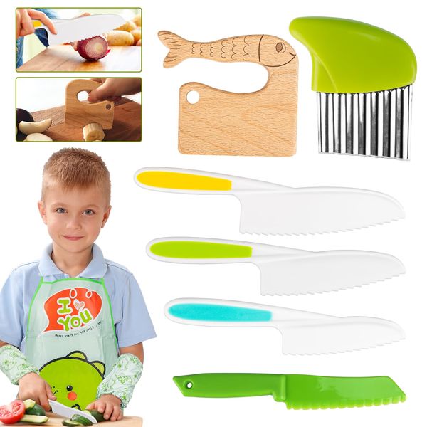 FANTICDE Kids Cooking Set, 8 Piece Kids Knife Set with Wooden Knife, 3 Pcs Plastic Toddler Knife,Crinkle Cutter, Kids Aprons Set(Little Dinosaur)