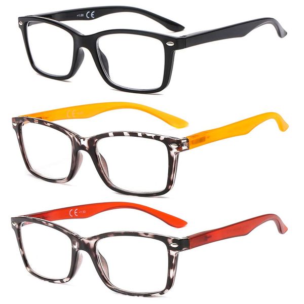 Suertree 3 Pack Multicolor Spring Hinge Reading Glasses Computer Reader Glasses Square Aided Eyelasses Unisex 1.5 BM151