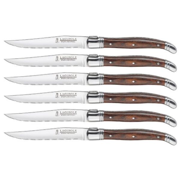 Trudeau Laguiole Steak Knives with Pakkawood Handles (Set of 6), Stainless/Wood