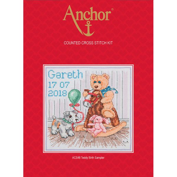 Anchor Counted Cross Stitch Kit: Essentials: Teddy Birth Sampler, Multi, 18 x 18cm