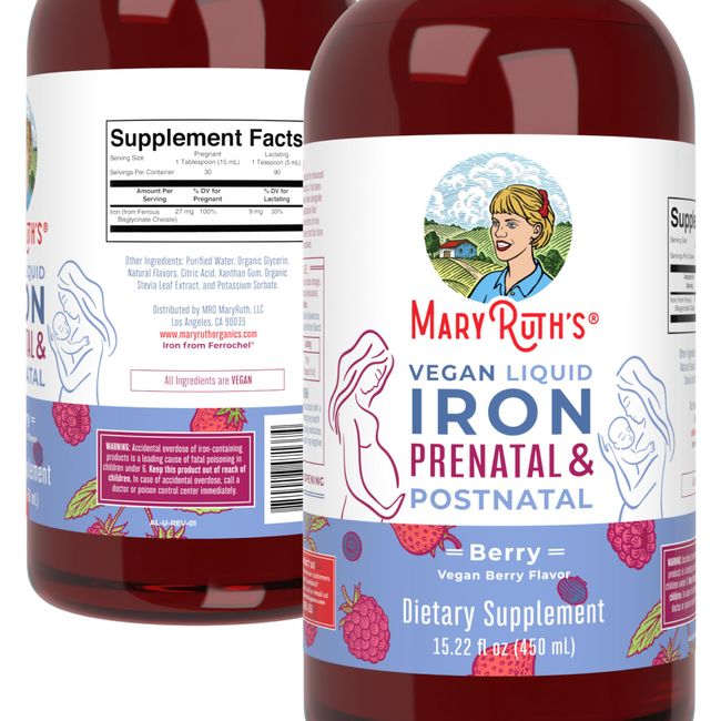 MaryRuth Organics, Liquid Iron Supplement Prenatal & Postnatal for Pregnant & Lactating, Iron Deficiency, Immune Support, Sugar/Gluten Free, Vegan, Non-GMO, 15.22 Fl Oz