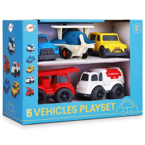 Playkidiz 5 Pack Toddler Car Toys Playset - Toy Cars, Including Airplane, Fire Truck, Ambulance, Pick Up Truck and Jeep, Ideal Car Set Gift for Ages 3-5 (Colors May Vary)