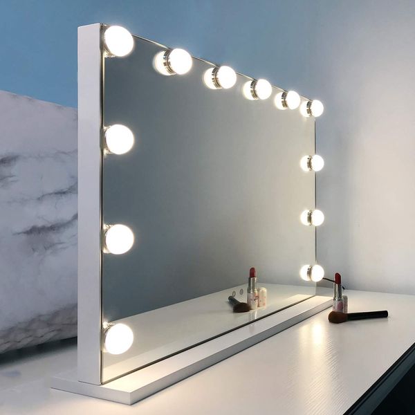 WAYKING Vanity Mirror Makeup Mirror with Lights, Large Hollywood Lighted Vanity Makeup Mirror with LED Bulbs and USB Port, Tabletop or Wall-Mounted for Dressing Room & Bedroom (H17.3 X L22.8 Inch)