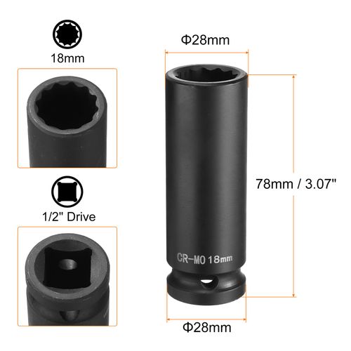 HARFINGTON 12-Point Deep Impact Socket 1/2 Inch Drive 18mm Metric Chrome Molybdenum Alloy Steel Spindle Axle Nut Impact Socket