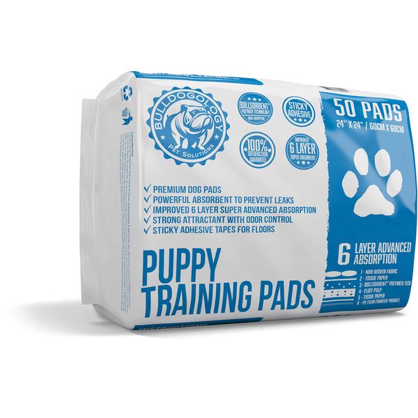 Bulldogology Dog Puppy Pads (24x24) Large Pee Pads for Dogs - 6 Layer Pet Training Pads, Super Absorbent Puppy Pads with Adhesive Tabs Bullsorbent Tech for Small Dogs to Large Dog (50-Count, White)