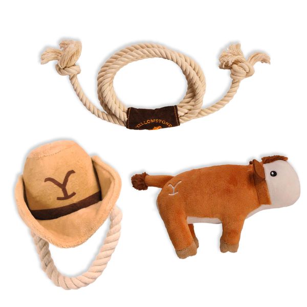 design LAB, Inc. Official Yellowstone Merchandise | Indoor Dog Toy Bundle Variety Gift Set | Lasso Rope, Plush Squeaky Brown Cow, and Cowboy Hat with Tug Rope