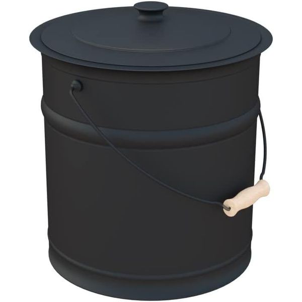 Plow & Hearth 3 Gallon Black Large Ash Bucket with Lid and Wood Handle | 28 Gaug