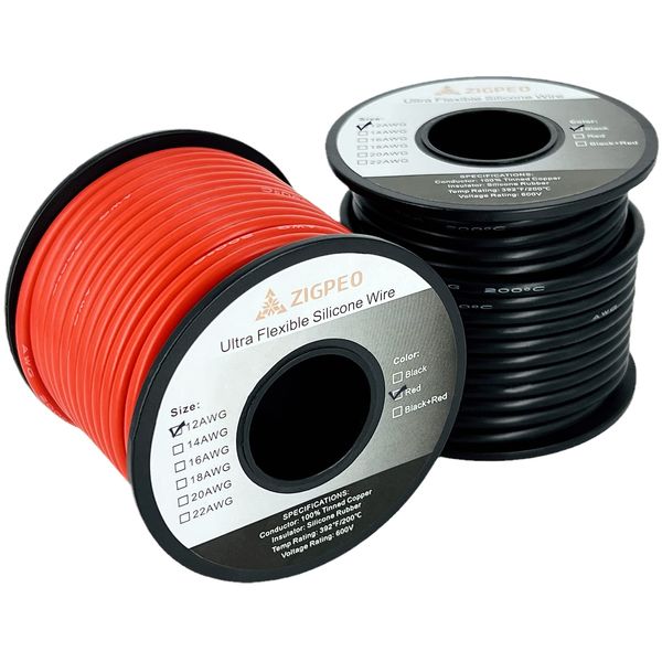 ZIGPEO 12 AWG Silicone Wire 50FT, Extra Flexible 12 Gauge Stranded Copper Wire, High Temp 392℉ 600V - RC, Automotive, Battery | Tinned Copper Conductor - 25FT Red & 25FT Black Spools