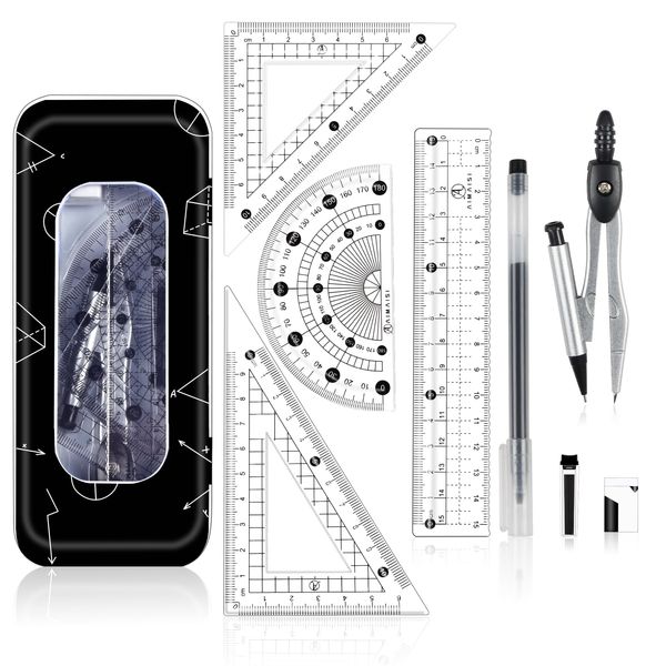 Maths Set | Compass Maths Protractor and Compass Set | Triangle Ruler Protractor Rubber Pen Geometry Sets with Storage Tin | Maths Sets for Secondary School (7Pcs Purple)