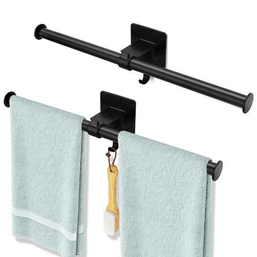 Realand 2 Pack Adjustable Towel Bar, Adhesive Towel Rack for Bathroom Wall 16in Hand Towel Holder with Hook Stick on Towel Rod, Move Left or Right