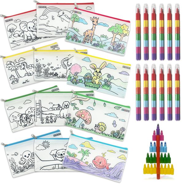 ICEPAPA, 12 Pencil Cases to paint and 12 Stackable Crayons for kids (7 colors in 1), perfect for crayons party bag fillers, kids' party favours and kids party bag fillers