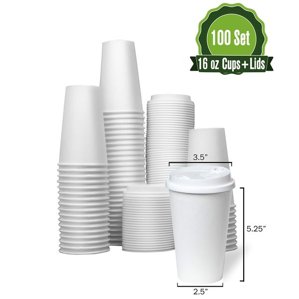 Safeware (16oz) [ 100 Set] Togo Disposable White Paper Coffee Cups with Lids | Hot Beverages | Expresso | Tea | Coffee | Latte | Hot Chocolate