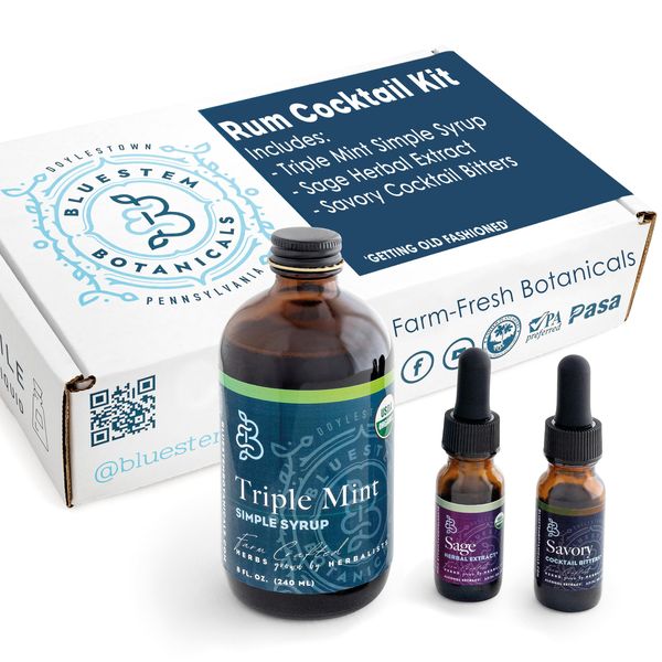 Organic Cocktail Kit by Bluestem Botanicals, Getting Old Fashioned Rum Kit for Craft Cocktails, Bitters and Simple Syrups for Drinks, Set of 3 Herbal Extract Drink Mixers, Alcohol not included