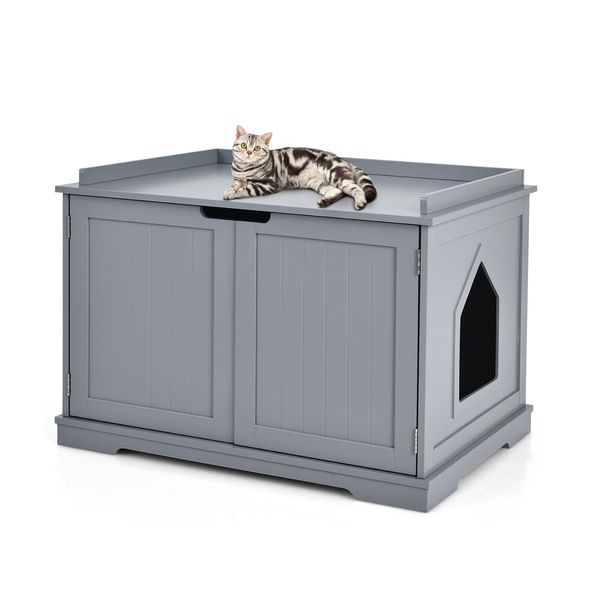 Petsjoy Cat Wooden Litter Box Enclosure Pet House Washroom Storage Bench Grey