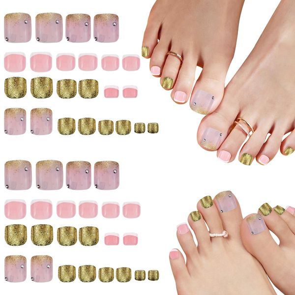 48 PCS Square Short Toe Press on nails,Flower & Glitter Toe Nails Glue on Nails,Acrylic Toe Nails Full Cover False Toenails for Women and Girls Press on Nails