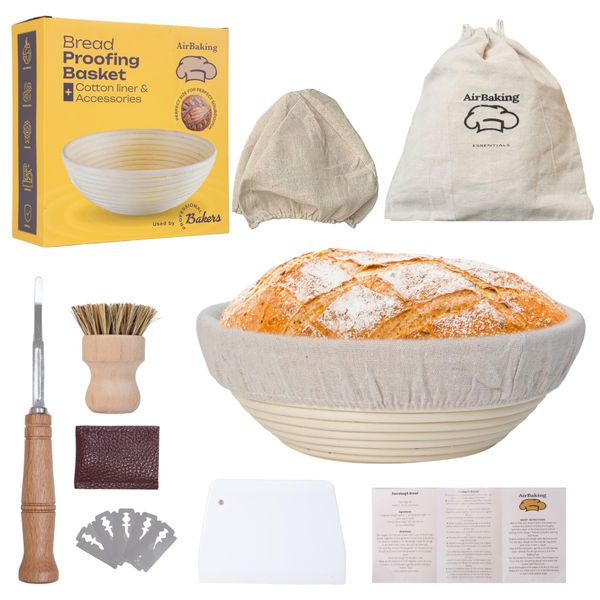 AIRBAKING | Banneton Sourdough Bread Proofing Basket with Accessories, Baking Equipment kit uk, Proving Stone, Craft Rattan Basket, Thermomix Starter, Adults Bakeware Kombucha, Bread Baking Kits Potty