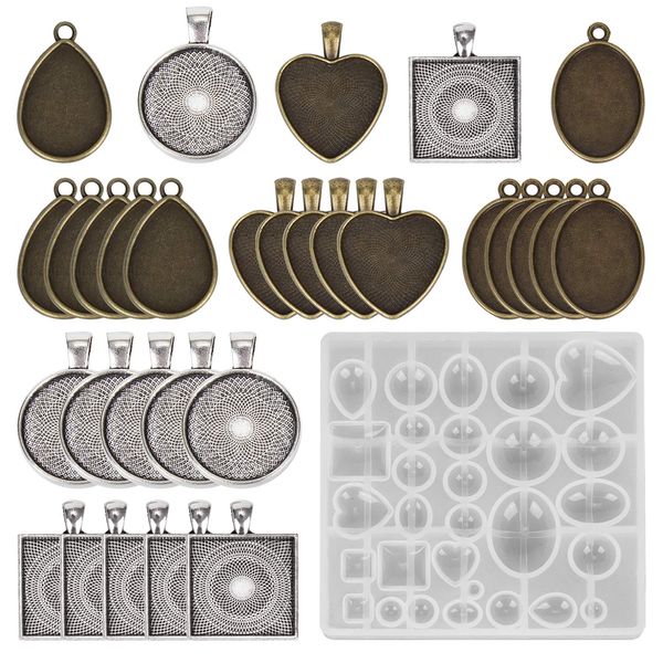 30 Pieces Pendant Trays for DIY Making, 5 Styles Blank Round & Square & Heart & Teardrop & Oval Pendant Trays and 1PCS Resin Mold for Necklaces Bracelet Keyring Crafting DIY Gift Making