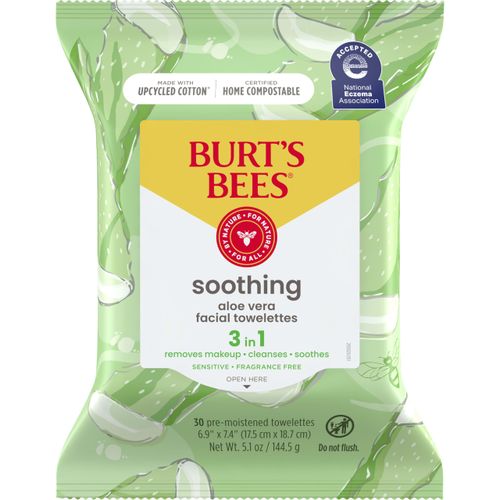Burt's Bees Soothing Facial Towelettes With Aloe Vera, Pre-Moistened Towelettes for Sensitive Skin Types, 99 Percent Natural Origin Skin Care, 30 ct. Package