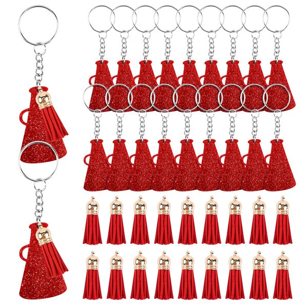 40pcs Cheer Megaphone Key Chains with Tassel, 20pcs 3 Inch Blank Keychain Rings and 20pcs Keychain Tassel Acrylic Cheer Key Chains for DIY Crafting Project Graduation Gift (Shiny Red, Red)