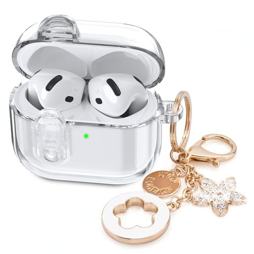 (with Safety Lock) Clear Case Compatible with Cute Apple Airpods 4 Cases 2024 Women, VISOOM Soft TPU Transparency Air pods 4 Gen Case iPods 4 Earbuds Case Girl Bling Keychain for Airpod iPod 4th Gen