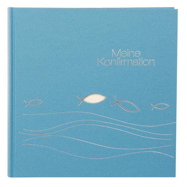 goldbuch 03023 Fotoalbum für die Konfirmation, Ichthys, Erinnerungsalbum 25x25 cm, Fotobuch mit 60 weiße Seiten & 4 Seiten Textvorspann, Album aus Naturpapier, Blau