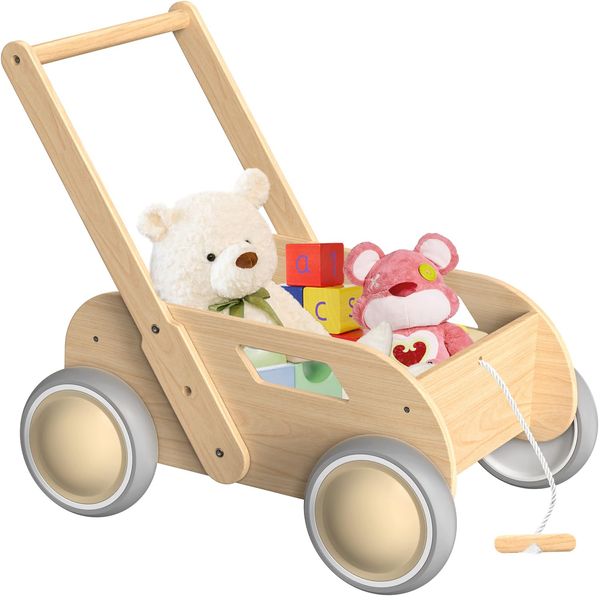 Wooden Baby Walker, Push and Pull Learning Walking Toys for Babies Infants to Toddler, Walker with Wheels for Boys Girls, Gift for Birthday Christmas, Nature