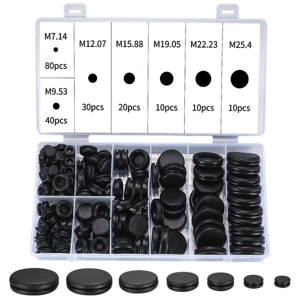 200 Pieces Rubber Grommets Kit, Black Rubber Hole Plugs Electrical Wire Gaskets Assortment for Car, Boat, Pump, Plumbing, Cables Plugs, Wiring, Electrical Conductor Rubber Grommets