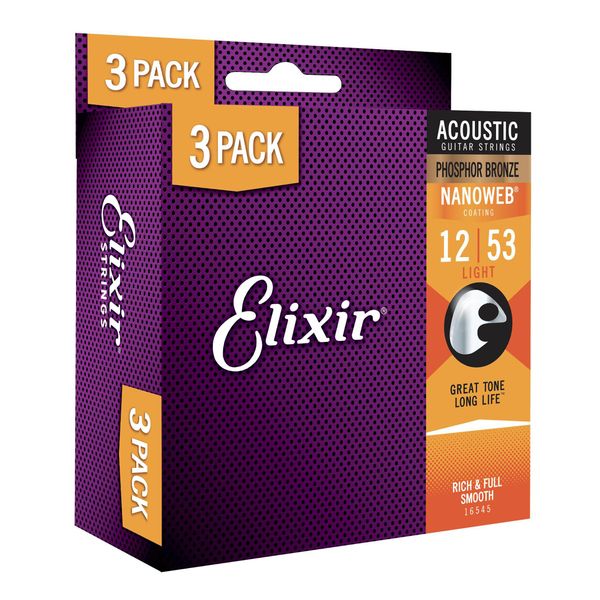 Elixir Strings, Acoustic Guitar Strings, Phosphor Bronze with NANOWEB Coating, Longest-Lasting Rich and Full Tone with Comfortable Feel, 3-pack, Light 12-53