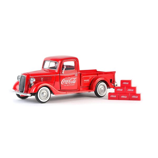 Coca-Cola 1937 Ford Pickup Truck, 6 Bottle Carton Accessories 1/24 Diecast Model Car Motorcity Classics, 7-inch Long, Red, Zinc