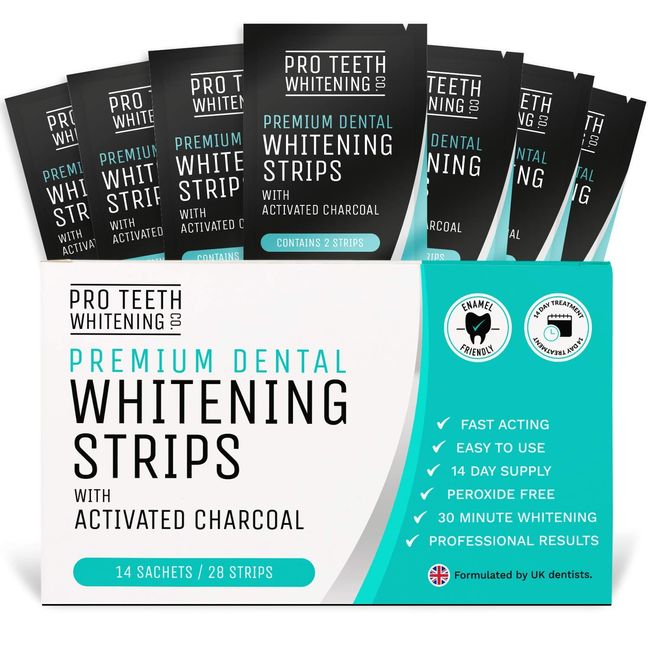 Premium Teeth Whitening Strips - 28 Peroxide Free Whitening Strips - Safe for Enamel - 14 Whitening Sessions - Non-Sensitive Formula - Activated Charcoal Teeth Whitening - Pro Teeth Whitening Co.