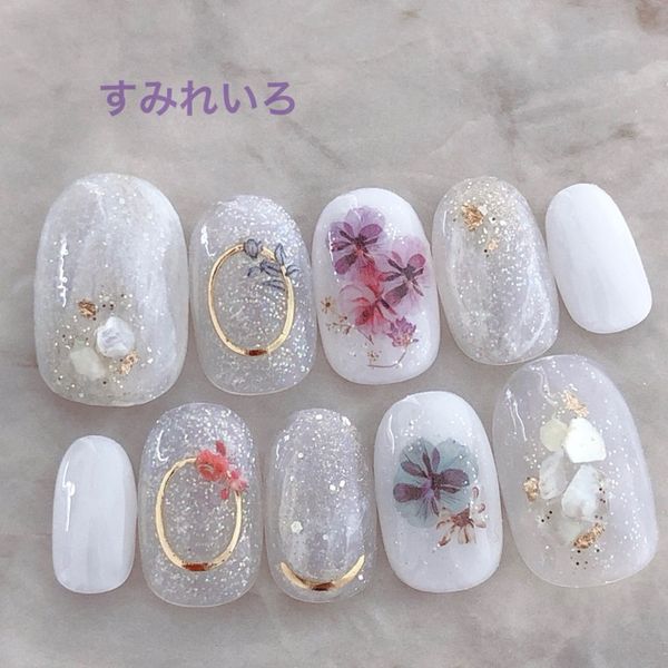 Nail tip false nails bridal nails cute short long design summer nails nail present short nails small nails large nails berry short chibi nails adult nails false nails office nails simple<br> [1780] White Marble Shell Pansy Flower