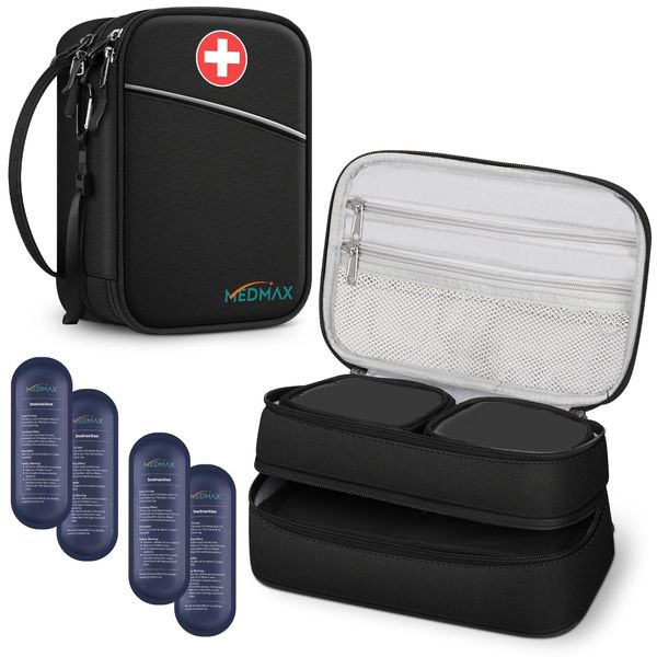 MEDMAX Insulin Cooler Travel Case with 4 Ice Packs, Double-Layer Water Resistant Insulated Diabetic Meds Organizer with Extra Pouches for Insulin Pens, Blood Glucose Monitors and Other Supplies,