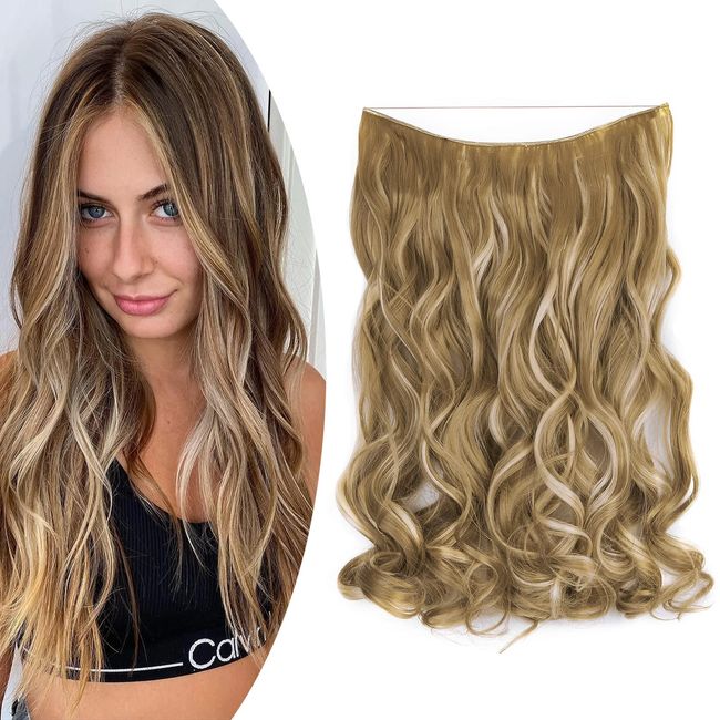 Gairyan Haarteil Extensions Haarverlängerung mit Unsichtbarem Draht Lang Gewellt 45cm Invisible Secret 1 Tresse Haarteil mit Gummiband Kunsthaar Synthetik Haare für Damen, Sandiges Blond & blond