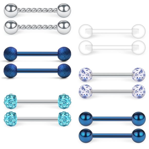 SCERRING 14G Stainless Steel & Clear Acrylic Nipple Ring Tongue Barbell Rings Bars Retainer Body Piercing Jewelry for Women Men 12PCS - Blue