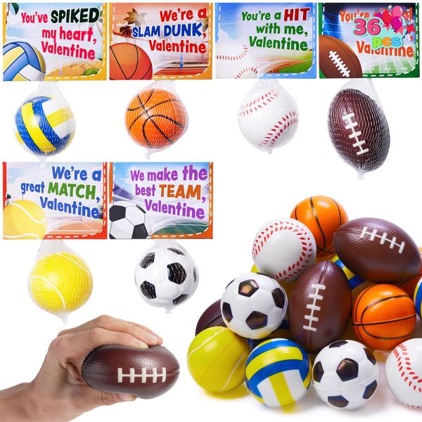 JOYIN 36 Pcs Valentines Day Sport Stress Balls with Valentine Gift Card, Mini Sports Ball Squeeze Foam for Classroom Exchange Gift for Kids, Holiday Party Favor Toys, Anxiety Relief Reward Prizes