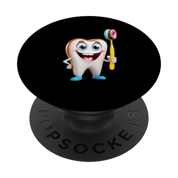 Funny Cartoon Tooth Holding Donut Toothbrush PopSockets Adhesive PopGrip