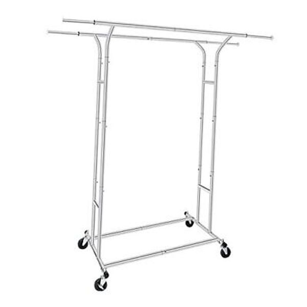 White Heavy Duty Double Rod Garment Rack for Hanging Clothes, Rolling Chrome