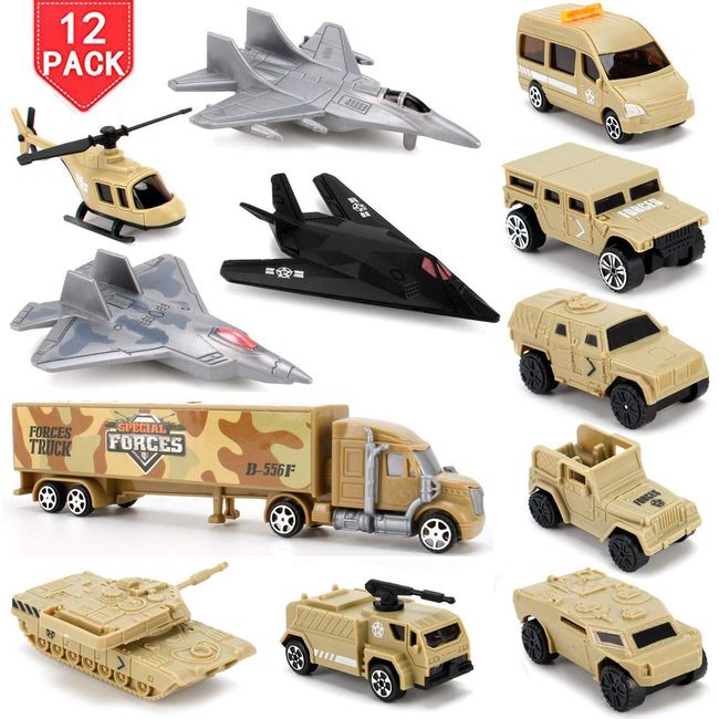 Liberty Imports Set of 12 Special Forces Military Vehicle Playset for Kids - Scaled Army Toy Vehicles Includes Stealth Bomber, Tank, Helicopter, Fighter Jets and More