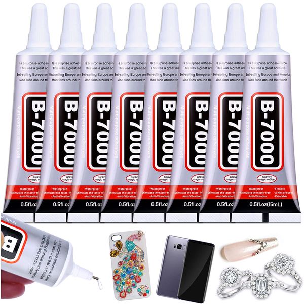 8pcs x15ML B7000 Jewelry Rhinestones Glue, B-7000 Clear Super Glue Transparent Industrial Adhesive for Phone Repair Jewelery Making Crafts Gem Fabric Metal Nail Art Stone Wood Glass