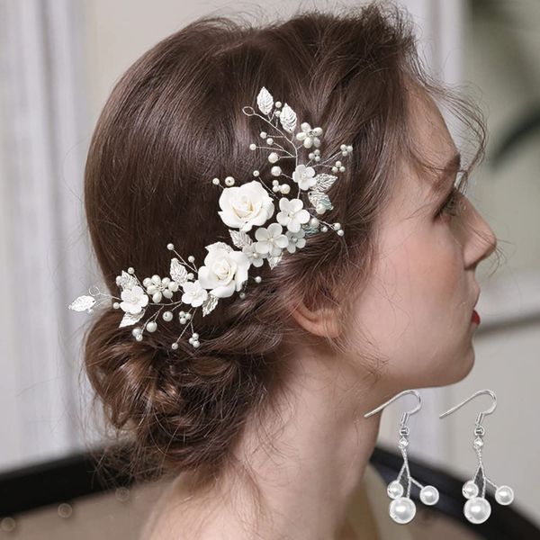 Flower Bride Headband Pearl Rhinestones Headpiece Leaf Crystal Hair Vine Silver Hair Band Wedding Headdress Bridesmaid Hair Accessories for Women Gift Evening Prom Party (silver)