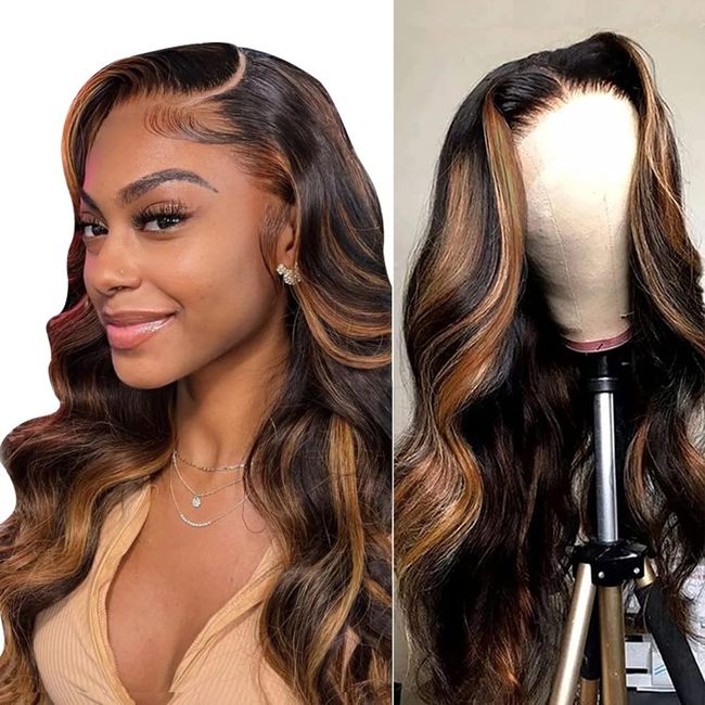 Highlight Lace Front Wig Human Hair Body Wave Ombre Honey Blonde 13x4 Transparent Lace Front Wigs For Women Ombre Brown Lace Front Human Hair Wigs 180% Density Colored 20 Inch 1B/30 Highlight Wig