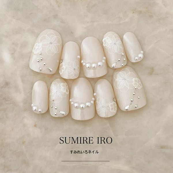 Nail Tip Bridal False Nails Design Cute Short Long Short Nails Small Nails Large Nails Berry Short Chibi Nails Wedding Wedding False Nails ●Pearl Silver Flower Bridal Nails