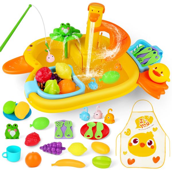 deAO Play Sink with Running Water Toddler Play Kitchen Sink with Upgraded Electric Faucet, Pool Floating Fishing Toys for Water Play, Pretend Kitchen Toys for Kids Boys Girls