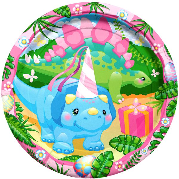 Treasures Gifted Girl Dinosaur Dessert Plates 24ct - 7 Inch Little Dinosaur Party Plates - Girl Dinosaur Party Decorations - Dinosaur Decorations for Birthday Party - Girl Dinosaur Party Supplies